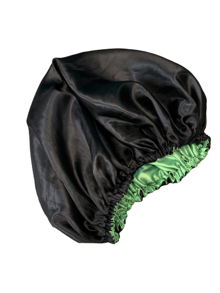 Lime Green and Black Embroidered 2-n-1 Reversible Charmeuse Satin Bonnet | STRANDS OF FAITH