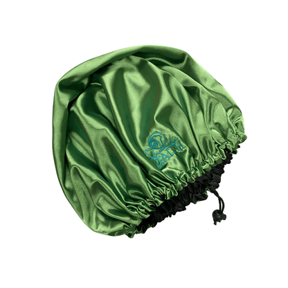 Lime Green and Black Embroidered 2-n-1 Reversible Charmeuse Satin Bonnet w/Drawstring